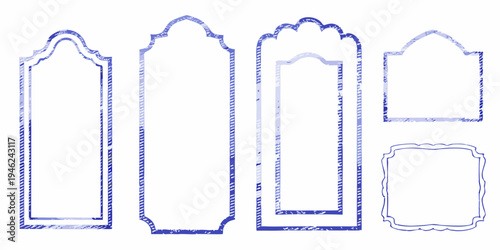 Collection of ornate rectangular and arched frame sketches in blue tones