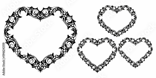 Intricate black and white heart frames with swirling ornamental designs