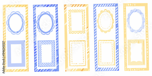 Five colorful decorative bookmark designs with ornate frames and patterns