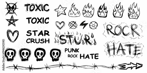 A collection of hand drawn punk rock and toxic themed doodles