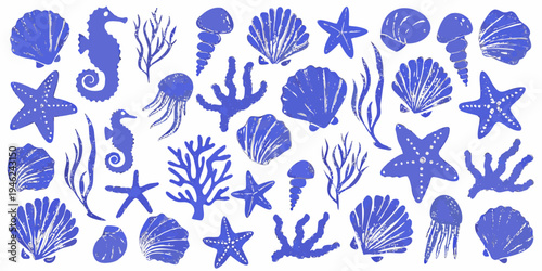 Blue monochrome illustration of various marine life and seashells