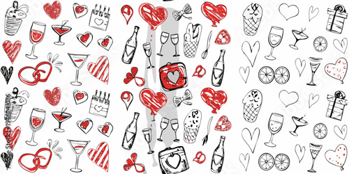 A playful doodle pattern featuring hearts drinks and celebratory items