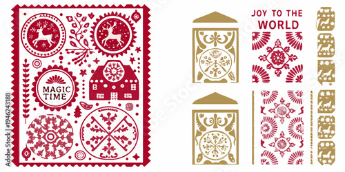 Vintage christmas postage stamp designs with deer flowers and festive text