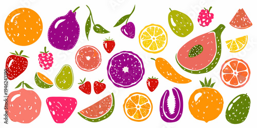 Colorful assortment of hand drawn fruits including citrus berries and melons