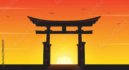 Japanese Torii Gate Silhouette at Sunset