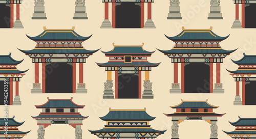 Seamless Pattern of Traditional Chinese Architecture Gates