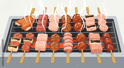 Assorted Japanese Yakitori Skewers Grilling on Charcoal Grill