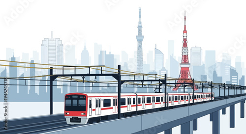 Commuter Train Traveling Through Tokyo Cityscape with Iconic Landmarks
