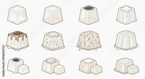 Illustration of various desserts on plates with different toppings and designs