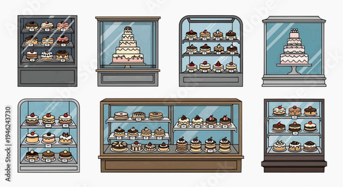 A digital illustration displays various desserts in multiple glass cases on a white background with cakes and pastries.