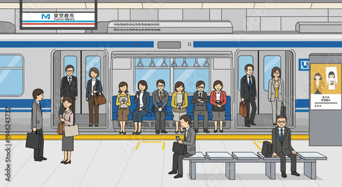 Commuters Waiting at Modern Subway Station Platform