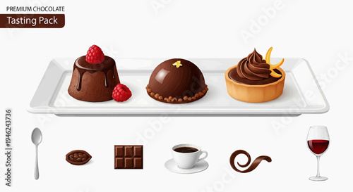 Chocolate desserts and beverages on a white plate and table setting