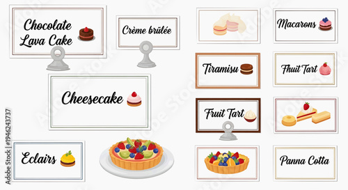 A variety of desserts are displayed on labels and a plate in a restaurant setting.