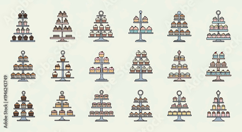 Collection of delightful dessert stands, showcasing an assortment of cupcakes and sweet treats, perfect for any celebration or event