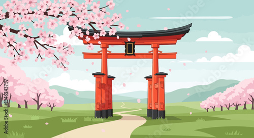 Japanese Torii Gate in a Spring Landscape with Cherry Blossoms