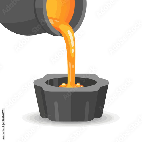 Molten metal pouring into mold for casting, industrial process, close-up
