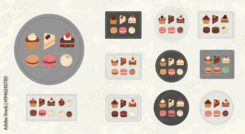 An assortment of various desserts displayed on multiple plates and trays indoors