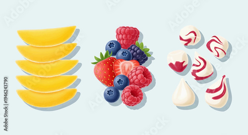 Fresh fruit and candy arranged on a light blue background