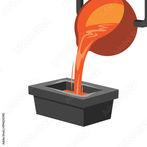 Molten metal pouring into mold, industrial casting process, hot liquid metal, manufacturing