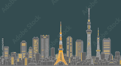 Tokyo Skyline Vector Illustration with Tokyo Tower and Skytree