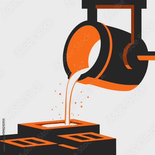 Molten metal pouring into mold, industrial casting process, manufacturing, foundry work