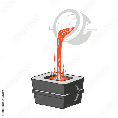 Molten metal pouring into mold, industrial foundry process, hot liquid metal casting, manufacturing