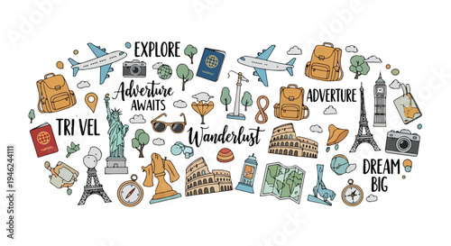 Illustration of various travel-related icons and words on a white background with a mix of colorful, hand-drawn graphics.
