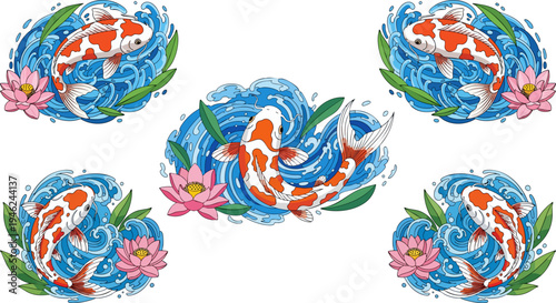 Set of 5 vibrant orange and white Koi fish swimming in blue water with pink lotus flowers and green leaves vector illustrations, perfect for Asian-themed designs and decorative elements.