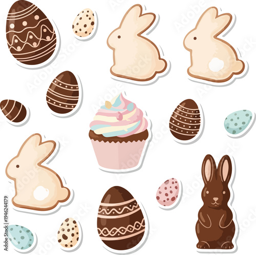 Set of Easter Sweets Stickers Featuring Chocolate Eggs, Bunny Cookies, and Cupcake Isolated on White Background