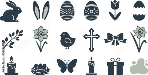 Easter and Spring Flat Icon Set with Rabbit, Painted Eggs, Flowers, and Religious Symbols