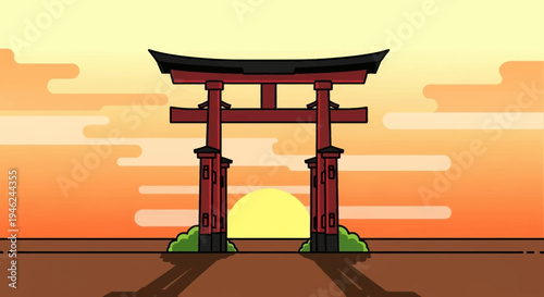 Japanese Torii Gate Illustration at Sunset