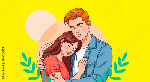 Romantic couple embracing with closed eyes, showing love and affection, on a vibrant yellow background with abstract sun and green leaves vector illustration