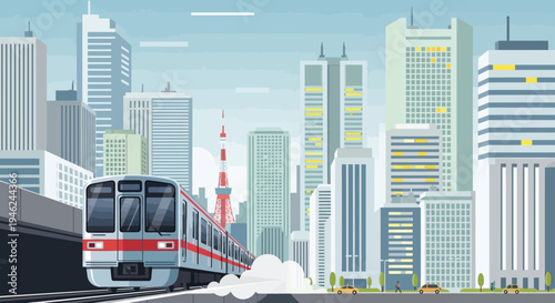 Modern Cityscape with Commuter Train and Tokyo Tower Illustration