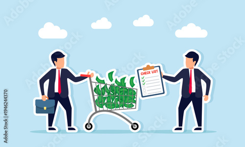 Businessman pushing trolley full of money while another businessman holding checklist board illustration of financial audit and company finance inspection concept