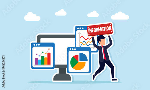 Businessman holding information sign near monitor with application interface and data charts illustration of explaining business management data and company information analysis