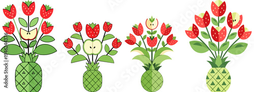 Set of 4 Folk Art Style Fruit and Flower Bouquets in Pineapple Vases Vector Illustration Collection with Strawberries, Apples, and Tulips