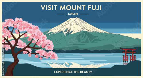 Mount Fuji Japan Travel Poster with Cherry Blossoms and Torii Gate