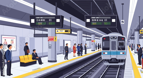 Pixel Art Illustration of a Modern Subway Station Platform with Commuters
