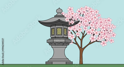 Traditional Japanese Stone Lantern and Cherry Blossom Tree Illustration