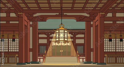 Traditional Japanese Temple Interior with Hanging Lantern
