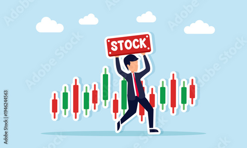 Businessman holding stock sign near candlestick chart illustration of stock market knowledge presentation and financial trading analysis concept