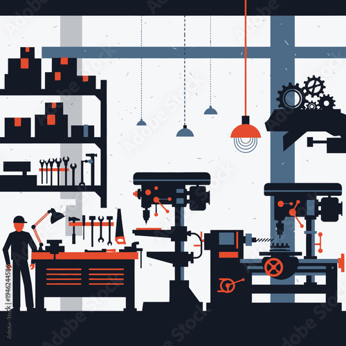 Workshop Interior with Craftsman, Lathe, Drill Press, and Tools