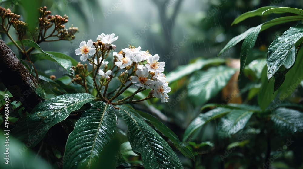 Obraz premium Lush Green Tropical Rainforest Scene with White Flowers and Raindrops Enhancing the Natural Beauty of Verdant Foliage and Serenity in an Enchanting Environment
