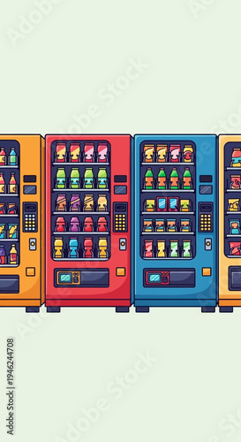 Colorful Vending Machines Row with Assorted Drinks and Snacks