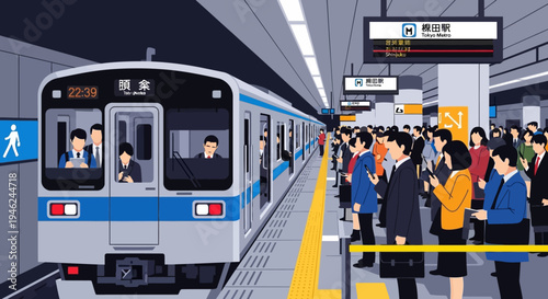 Commuter Train at Tokyo Subway Station Platform with Passengers
