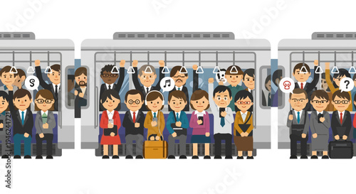 Commuter train interior with diverse business people standing and sitting