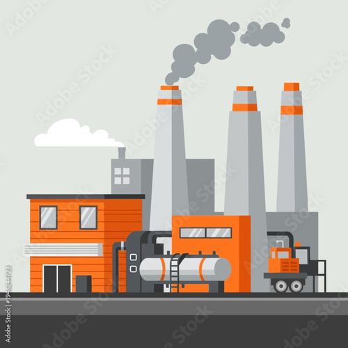 Modern industrial factory with smokestacks and orange buildings, industrial landscape