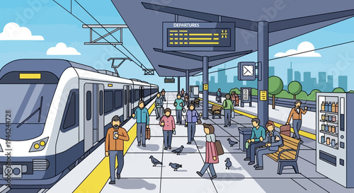 Commuter Train Station Platform with Passengers and Vending Machine