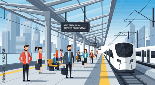 Commuter Train Station Platform with Passengers Waiting in Modern City
