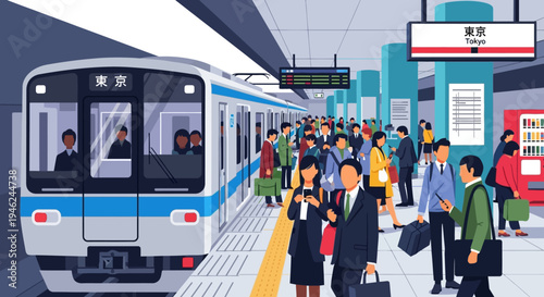Commuters at Tokyo Subway Station During Morning Rush Hour